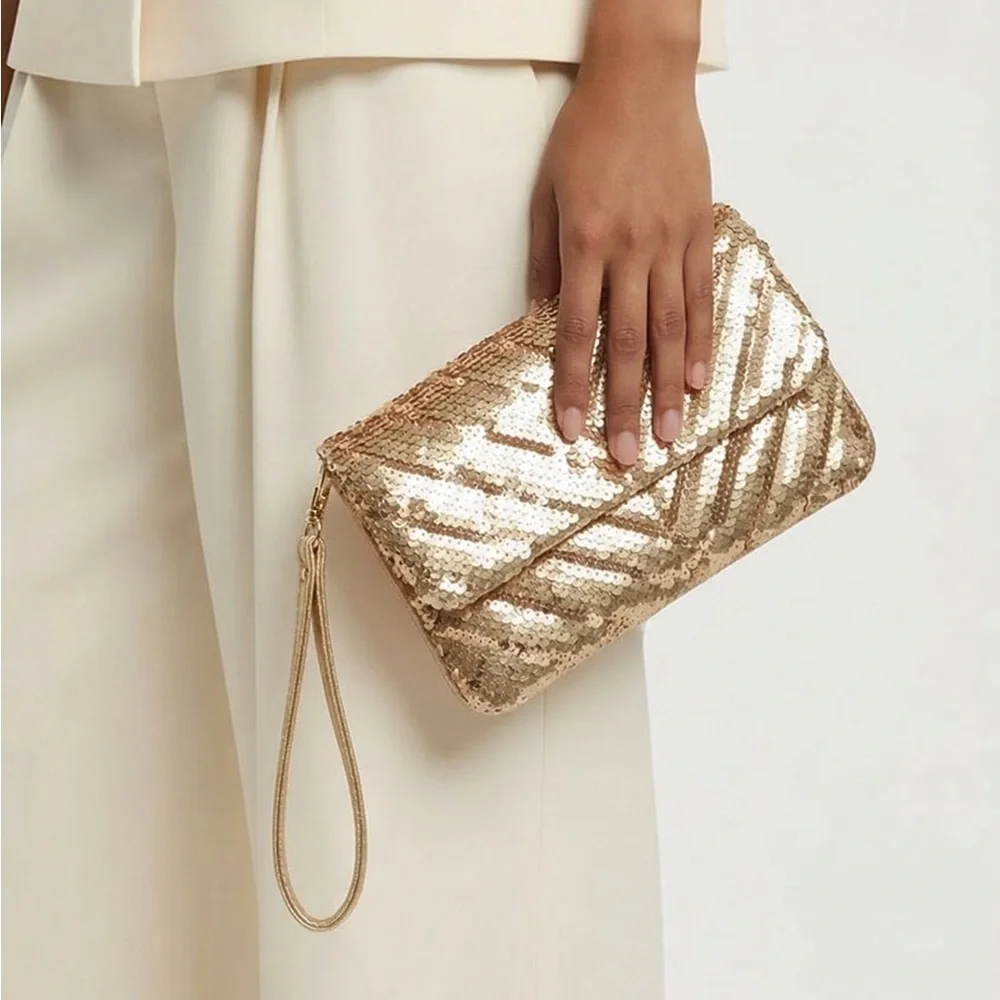 NWT Nicole Miller Gold Sequin Quilted Small Crossbody Bag Shoulder Purse Handbag